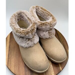 Bebe Women's Size 10 Nayeli Tan Faux Suede Fur Collar Rhinestone Ankle Boots